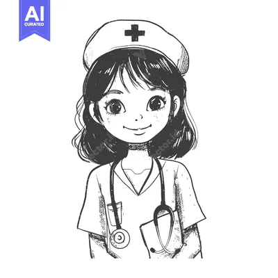 Aset desain premium: Hand-Drawn Sketch of a Smiling Female Nurse