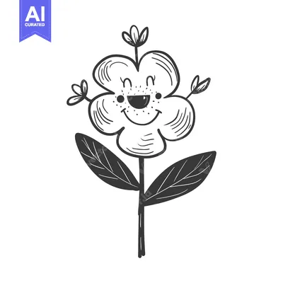 Aset desain premium: Hand-Drawn Sketch of a Smiling Flower with Two Leaves