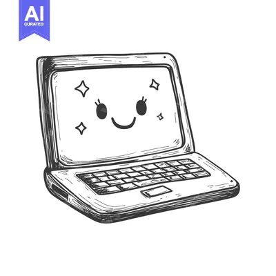 Aset desain premium: Hand-drawn sketch of a smiling laptop computer with twinkling stars