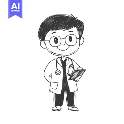 Aset desain premium: Hand-Drawn Sketch of a Smiling Male Doctor with Stethoscope and Clipbo