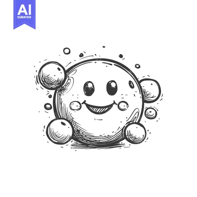 Premium design asset: Hand-drawn sketch of a smiling round character with small circles surr