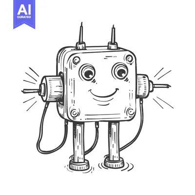 Premium design asset: Hand-Drawn Sketch of a Smiling, Square-Shaped Robot with Antennas