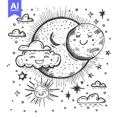 Popular premium asset: Hand-drawn Sketch of a Smiling Sun, Moon, and Cloud with Stars