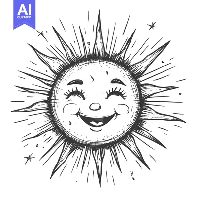 Aset desain premium: Hand-Drawn Sketch of a Smiling Sun with Rays and Stars