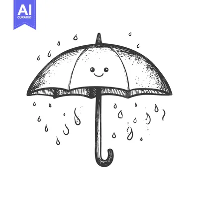 Aset premium populer: Hand-Drawn Sketch of a Smiling Umbrella with Raindrops