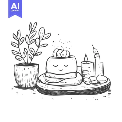 Aset premium populer: Hand-Drawn Sketch of a Spa-Like Setup with a Smiling Coconut, Candles,