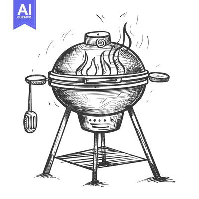 Aset premium populer: Hand-drawn sketch of a spherical charcoal grill with a handle and flam
