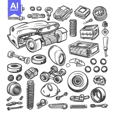 Aset premium populer: Hand-Drawn Sketch of Assorted Car Parts and Accessories