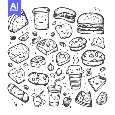 Aset desain premium: Hand-drawn Sketch of Assorted Fast Food Items with Smiling Faces