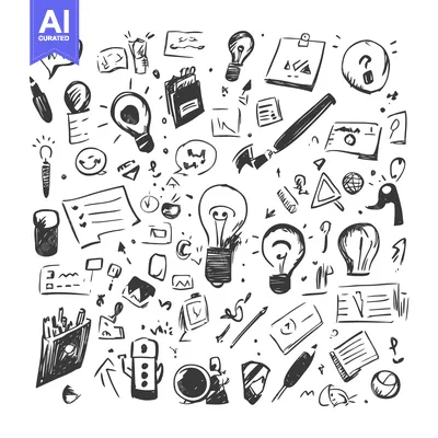 Aset desain premium: Hand-Drawn Sketch of Assorted Office Supplies and Ideas