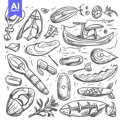 Aset premium populer: Hand-Drawn Sketch of Assorted Water Sports Equipment and Marine Life