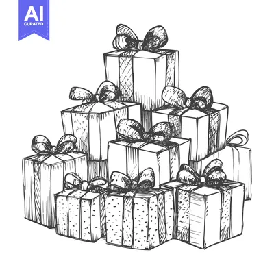 Aset desain premium: Hand-Drawn Sketch of a Stack of Wrapped Gifts with Bows