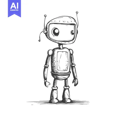 Premium design asset: Hand-drawn sketch of a standing cartoon robot with large eyes