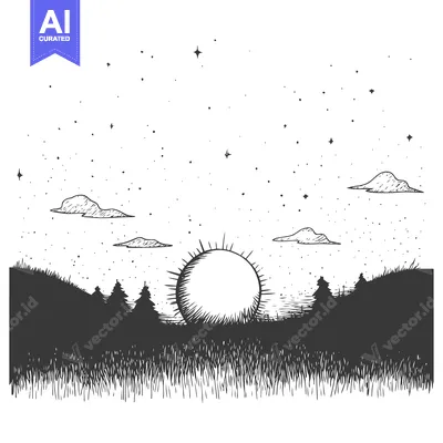 Aset desain premium: Hand-drawn sketch of a starry night sky with a large sun over a grassy