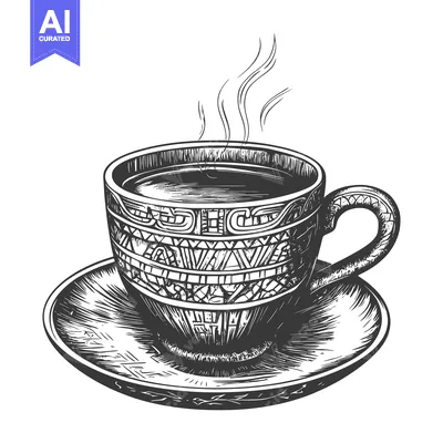 Aset desain premium: Hand-Drawn Sketch of a Steaming Cup of Coffee with Ornate Design