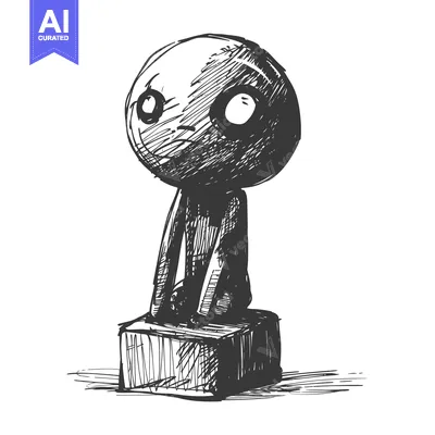 Premium design asset: Hand-drawn sketch of a stick figure with a large head sitting on a cub