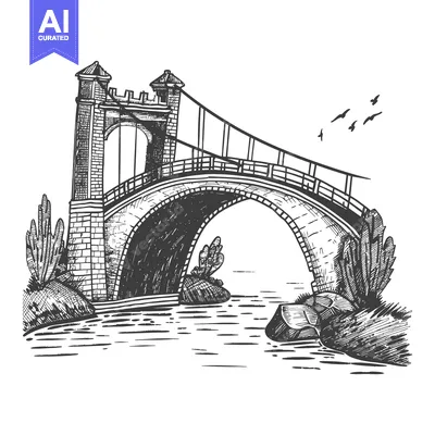 Aset premium populer: Hand-Drawn Sketch of a Stone Arch Bridge with Towers and Birds Flying