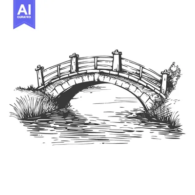 Aset desain premium: Hand-Drawn Sketch of a Stone Bridge Over a River