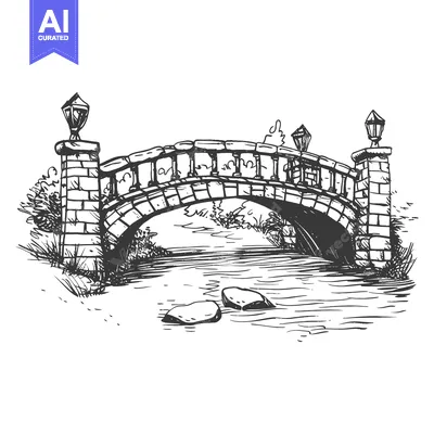 Aset premium populer: Hand-drawn Sketch of a Stone Bridge with Lanterns Over a River