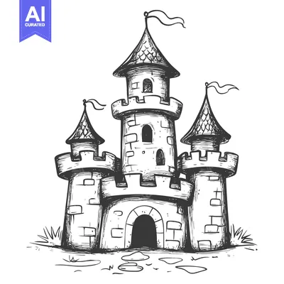 Aset desain premium: Hand-Drawn Sketch of a Stone Castle with Flags