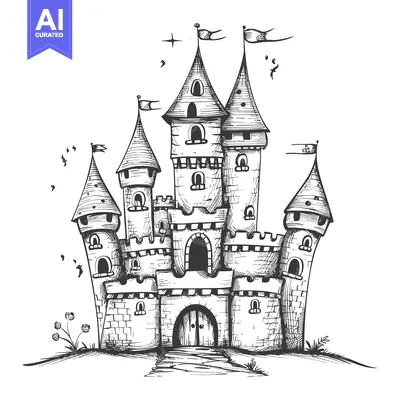 Aset premium populer: Hand-Drawn Sketch of a Stone Castle with Towers and Flags