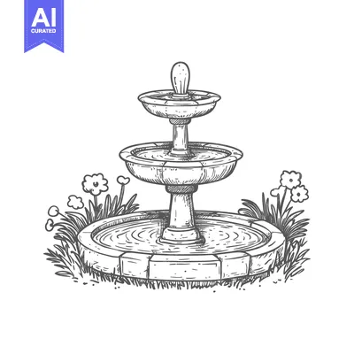 Aset premium populer: Hand-Drawn Sketch of a Stone Fountain with Surrounding Grass and Flowe