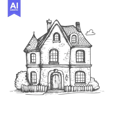 Aset desain premium: Hand-Drawn Sketch of a Stone House with a Fence and Bushes