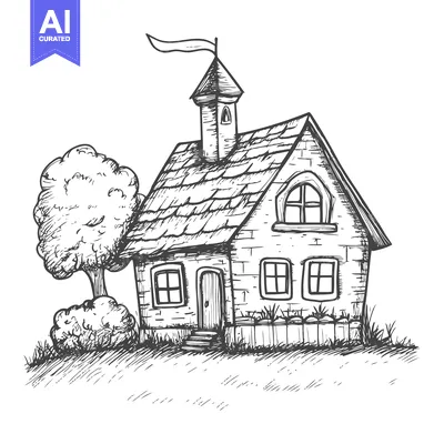 Aset premium populer: Hand-drawn sketch of a stone house with a flag and a tree