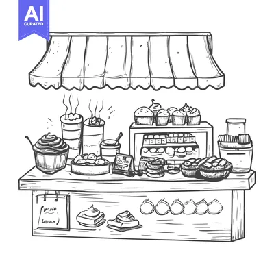 Aset premium populer: Hand-drawn sketch of a street food stall with pastries and drinks