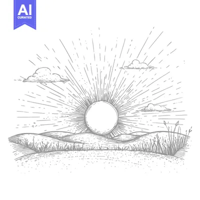 Aset premium populer: Hand-Drawn Sketch of a Sunrise Over Rolling Hills with Clouds and Gras