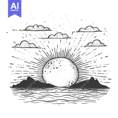Aset premium populer: Hand-drawn Sketch of a Sunset Over a Water Body with Mountains and Clo