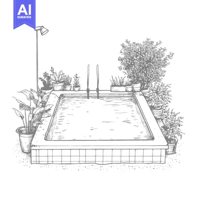 Aset desain premium: Hand-drawn Sketch of a Swimming Pool Surrounded by Plants