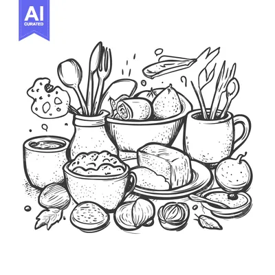 Hand-Drawn Sketch of a Table Setting with Food and Utensils