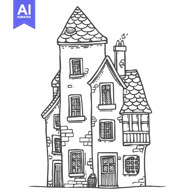 Aset desain premium: Hand-Drawn Sketch of a Tall Brick House with a Steep Roof