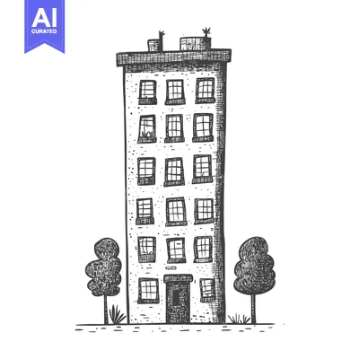 Premium design asset: Hand-drawn sketch of a tall building with windows and trees on either