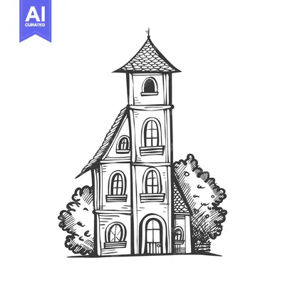 Aset premium populer: Hand-drawn sketch of a tall, narrow building with a pointed roof, wind