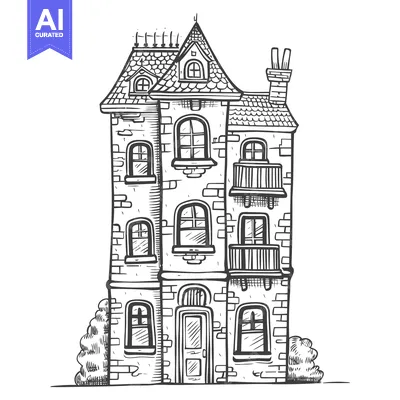 Premium design asset: Hand-Drawn Sketch of a Three-Story Brick Building with Balconies and W