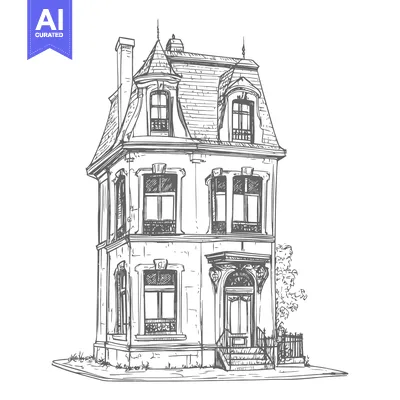 Aset desain premium: Hand-Drawn Sketch of a Three-Story Building with a Dormer Window and a
