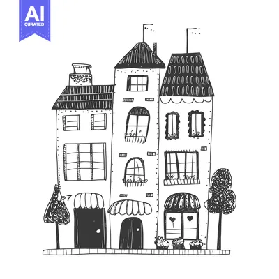 Hand-Drawn Sketch of a Three-Story Building with Awnings and Trees