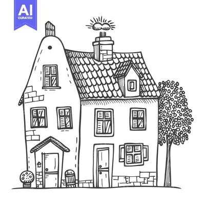 Aset desain premium: Hand-drawn Sketch of a Three-Story House with a Tree