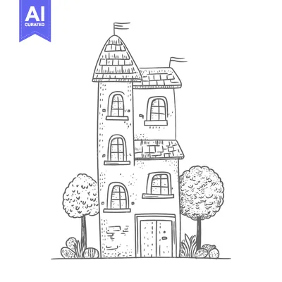 Premium design asset: Hand-Drawn Sketch of a Three-Story House with Trees and Flags