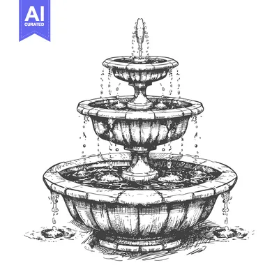 Aset desain premium: Hand-drawn sketch of a three-tiered fountain with flowing water