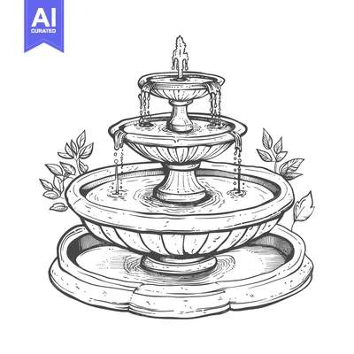 Premium design asset: Hand-drawn sketch of a three-tiered fountain with water and foliage