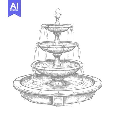 Aset desain premium: Hand-drawn Sketch of a Three-Tier Stone Fountain with Water Flowing