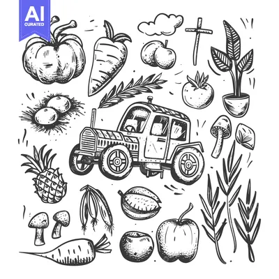 Aset premium populer: Hand-Drawn Sketch of a Tractor with Farm Produce and Plants