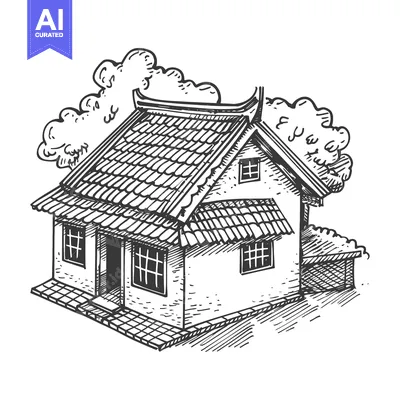 Hand-drawn sketch of a traditional Asian house with tiled roof and sur