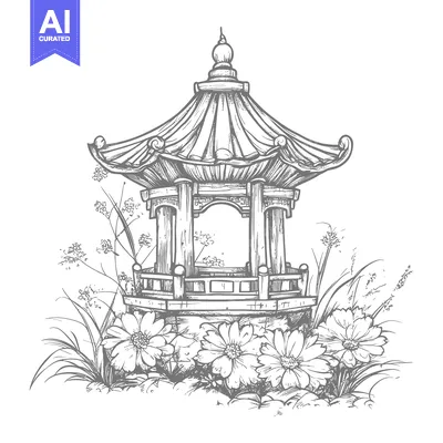 Aset desain premium: Hand-Drawn Sketch of a Traditional Chinese Pavilion Surrounded by Flow