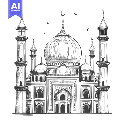 Aset desain premium: Hand-drawn Sketch of a Traditional Mosque with Minarets
