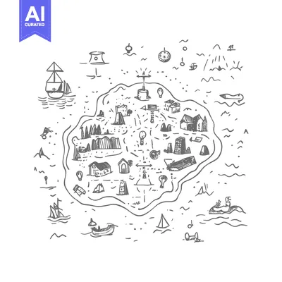 Aset desain premium: Hand-drawn sketch of a treasure island map with a lighthouse and ships
