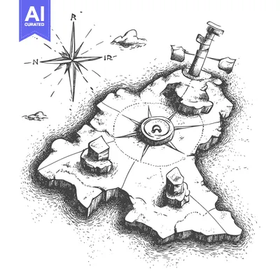 Hand-Drawn Sketch of a Treasure Island with a Compass and a Sword